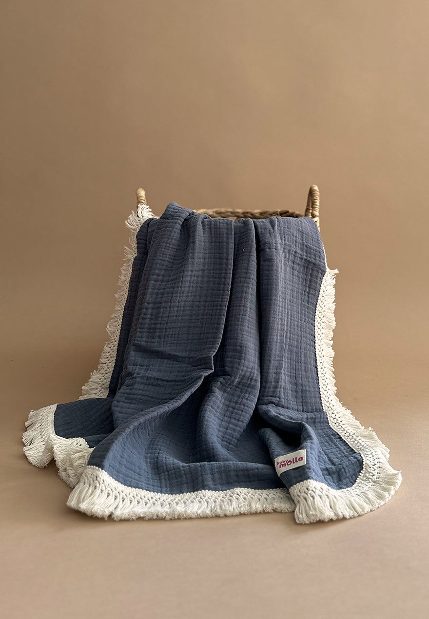 4 layer Fringe Quilt - 105x105 cm - Oxford Blue