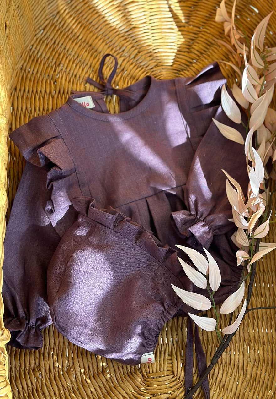 Linen Purple Romper and Bonnet