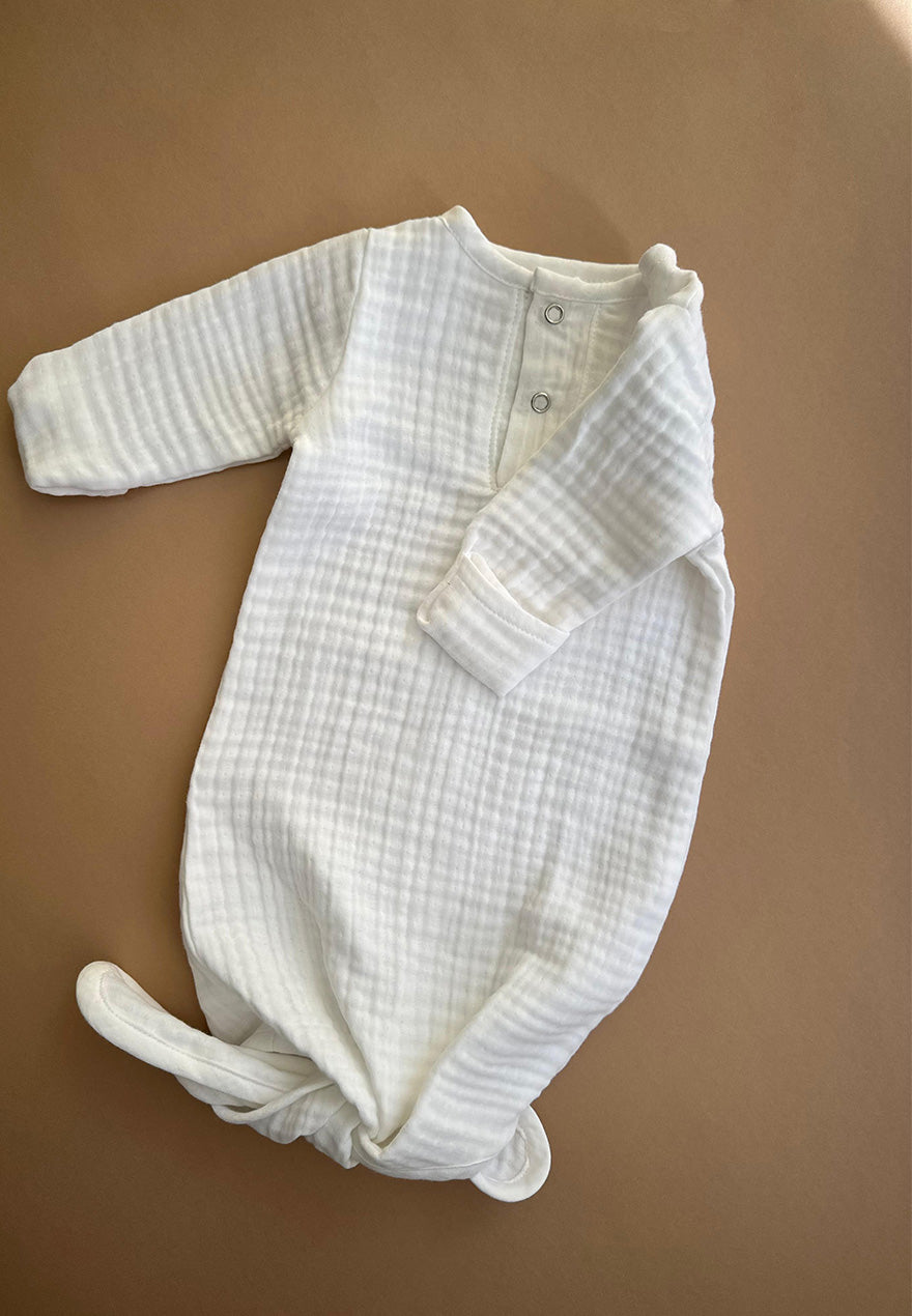 White Muslin knotted gown + Bonnet